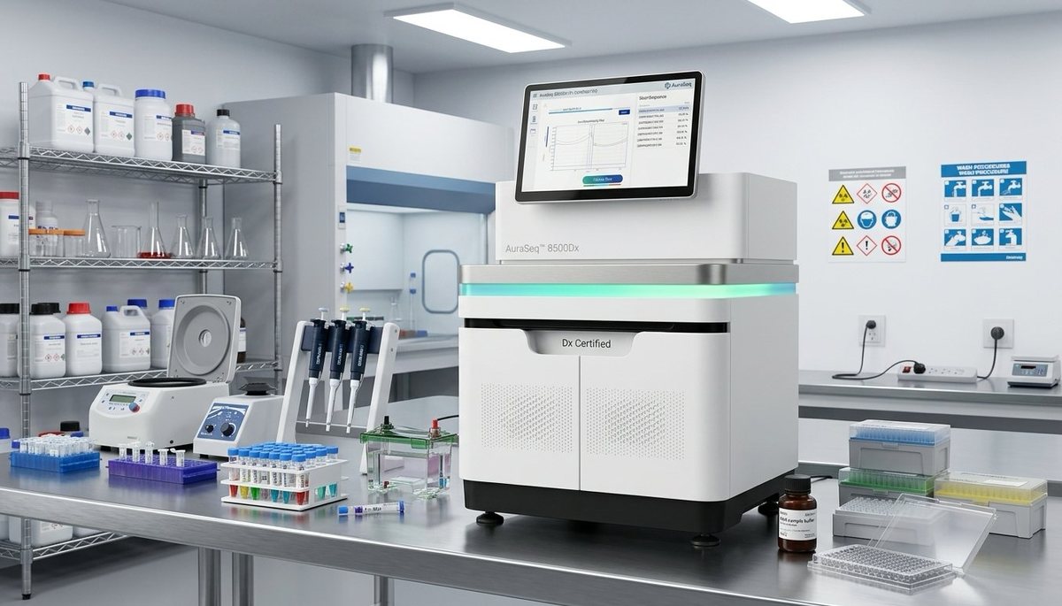 Lab photo of an invented diagnostic sequencer, the AuraSeq 8500Dx