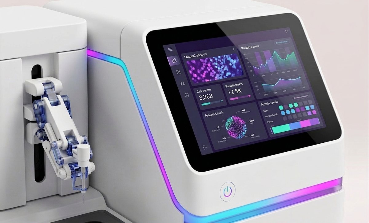 Close-up of an unbranded lab instrument with a touchscreen and robotic arm
